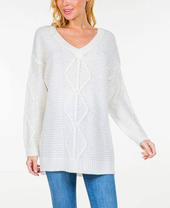 Women's Rib and Cable Knit Long Sleeve V-Neck Sweater