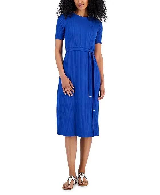 Women's Ribbed Belted Midi Dress