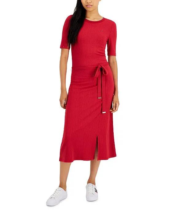 Women's Ribbed Belted Midi Dress