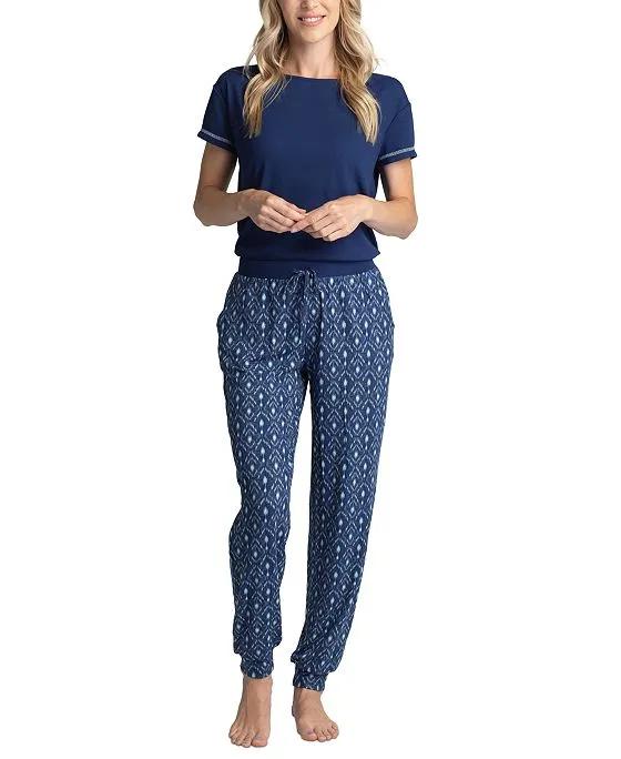 Women's Ribbed Crewneck & Printed Jogger Pajama Pants Set