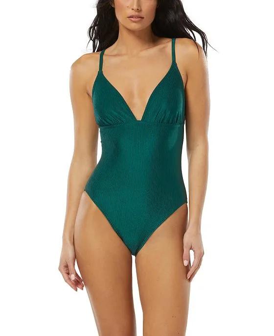 Women's Ribbed Plunge One-Piece Swimsuit