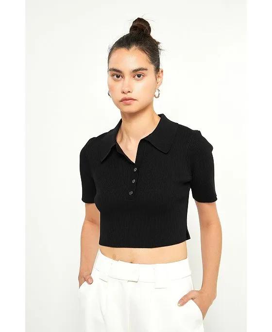 Women's Ribbed Polo Knit Top with Side slit
