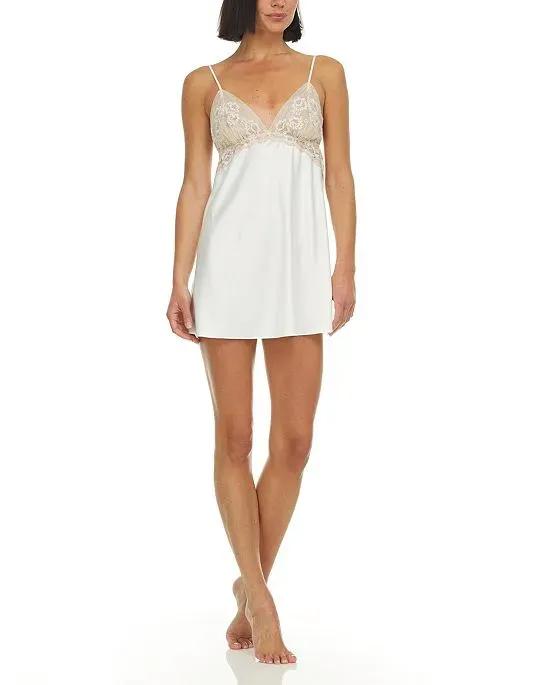 Women's Rosa Solid Charmeuse Chemise with Lace