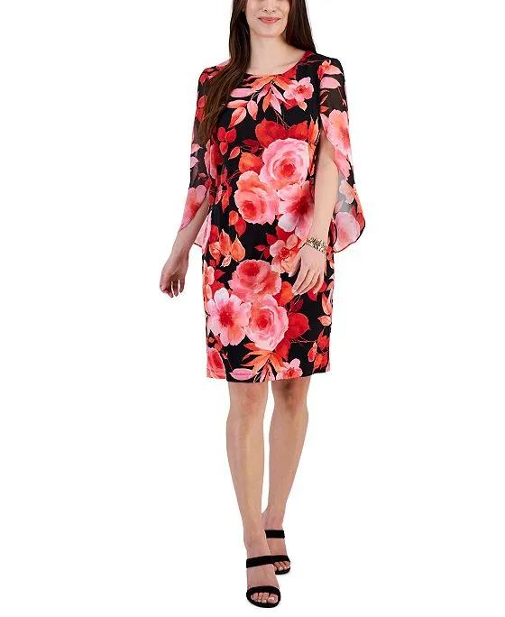 Women's Rose-Print Split-Sleeve Sheath Dress