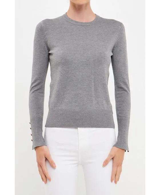 Women's Round Neck Sweater with Rhinestone Buttons