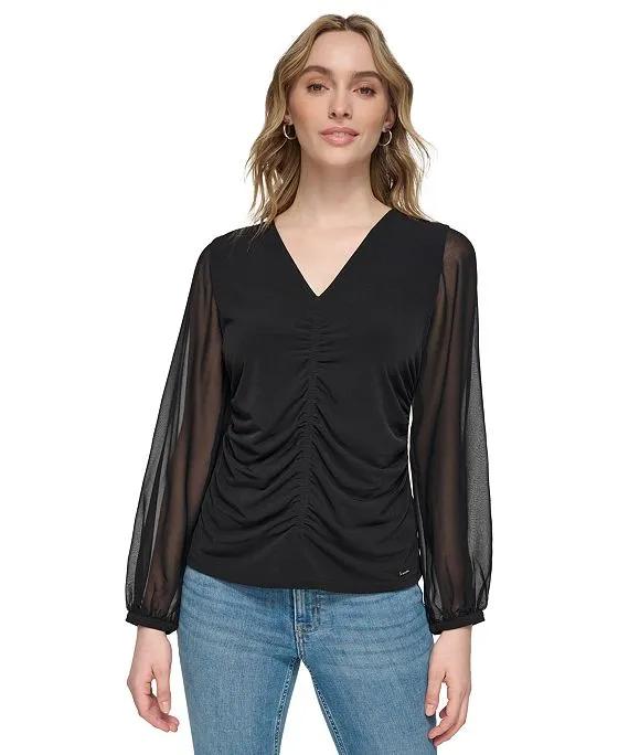 Women's Ruched Chiffon-Sleeve V-Neck Top