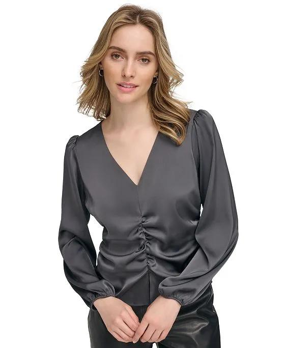 Women's Ruched-Front Puff-Sleeve Blouse