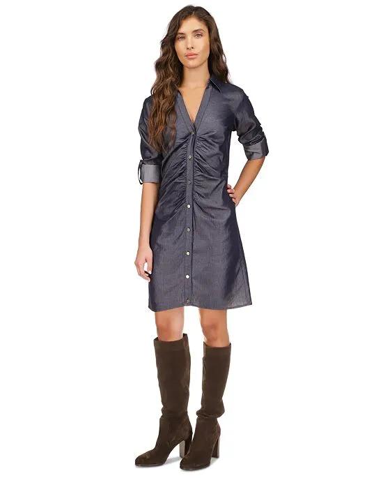 Women's Ruched-Front Roll-Tab-Sleeve Shirtdress