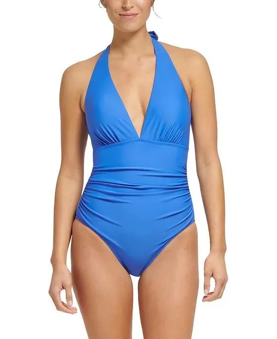 Women's Ruched Halter Tummy-Control One-Piece Swimsuit