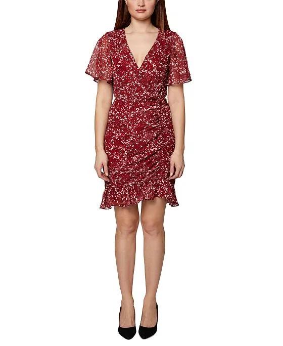 Women's Ruched-Skirt Flutter-Sleeve Dress