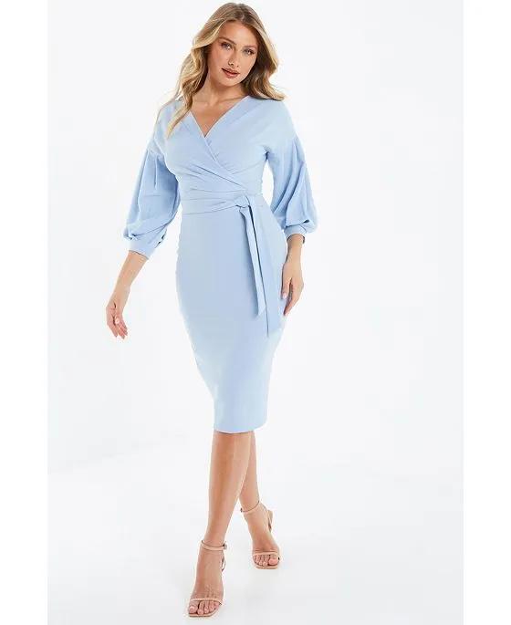 Women's Ruched Sleeve Tie-Front Dress