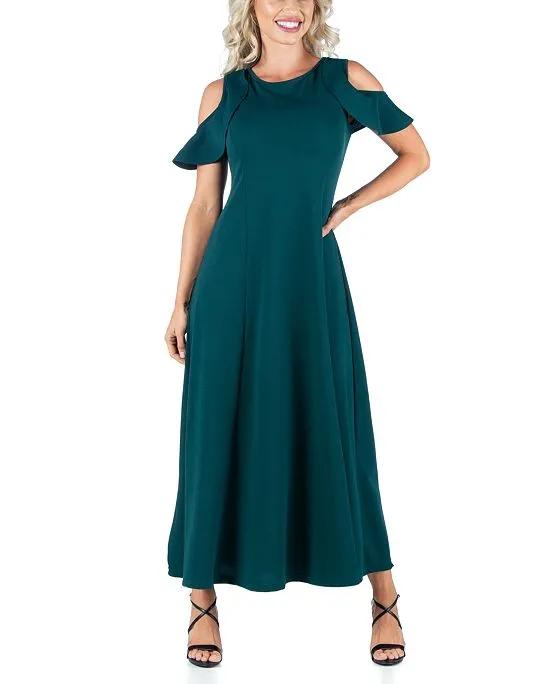 Women's Ruffle Cold Shoulder A-Line Maxi Dress