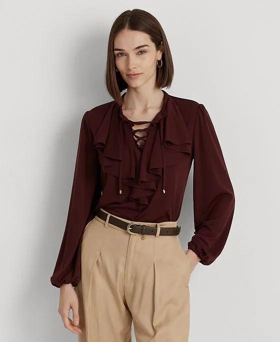 Women's Ruffle-Trim Jersey Lace-Up Top
