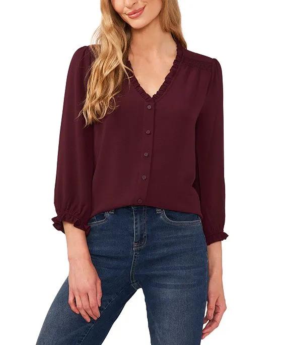 Women's Ruffled Button-Front Elbow Sleeve Blouse