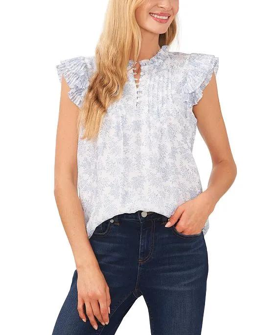 Women's Ruffled-Neck Printed Pintucked Blouse