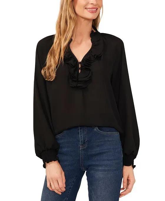Women's Ruffled V-Neck Button-Front Long-Sleeve Top