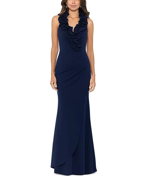 Women's Ruffled-V-Neck Sleeveless Ruched Gown 