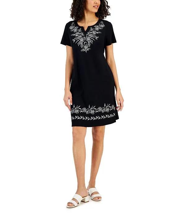 Women's Sally Embroidered Split-Neck Dress, Created for Macy's