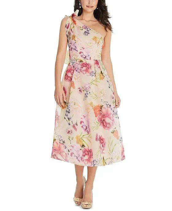 Women's Scarf-Tie One-Shoulder Floral Organdy Midi Dress