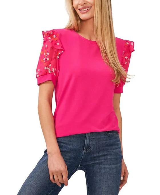 Women's Scattered Daisy Short Puff Sleeve Knit Top