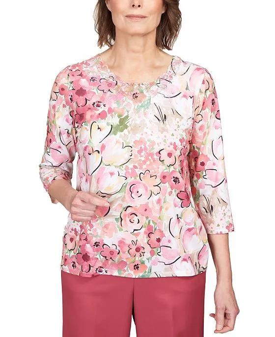Women's Scenic Drive Rosewood Floral Lace Neck Top