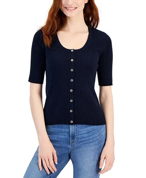 Women's Scoop-Neck Button-Front Ribbed Sweater
