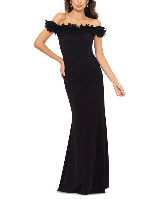 Women's Scuba-Crepe Ruffled Off-The-Shoulder Fit & Flare Gown  