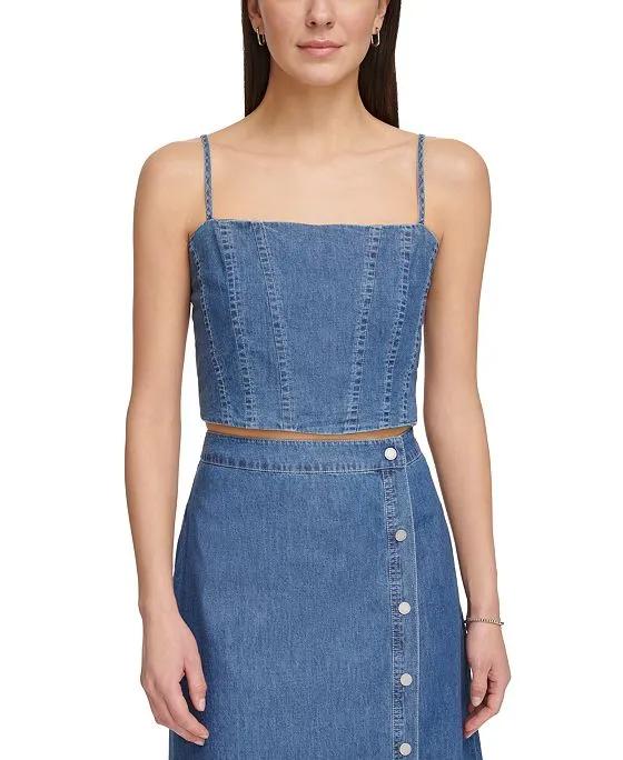 Women's Seamed Smocked-Back Cotton Denim Cropped Top