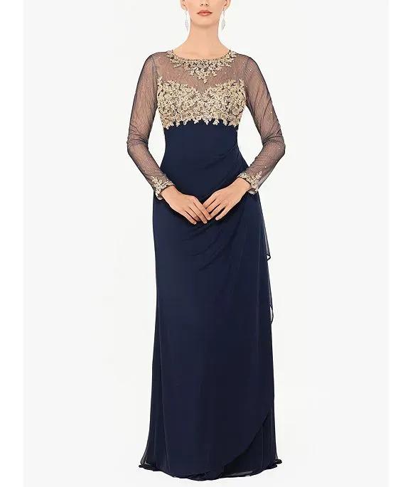 Women's Sequin Embellished Ruched Illusion-Sleeve Gown