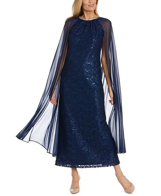 Women's Sequined Embellished-Neck Draped Gown