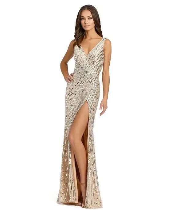 Women's Sequined Faux Wrap Sleeveless Gown