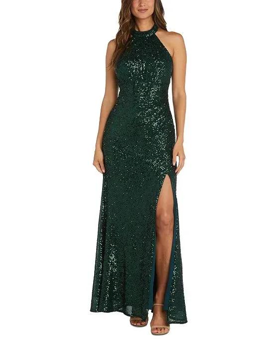 Women's Sequined Halter Strappy-Back Gown