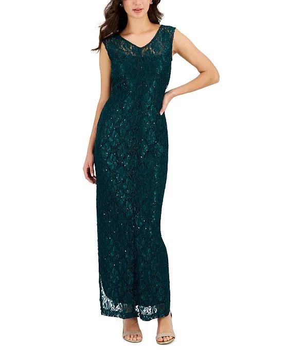 Women's Sequined-Lace Boat-Neck Maxi Dress