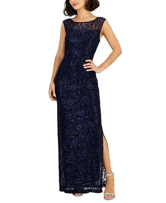 Women's Sequined-Lace Boat-Neck Maxi Dress