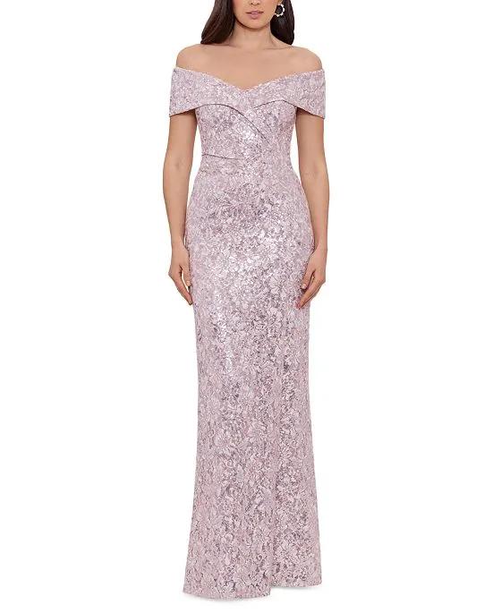 Women's Sequined Lace Off-The-Shoulder Gown