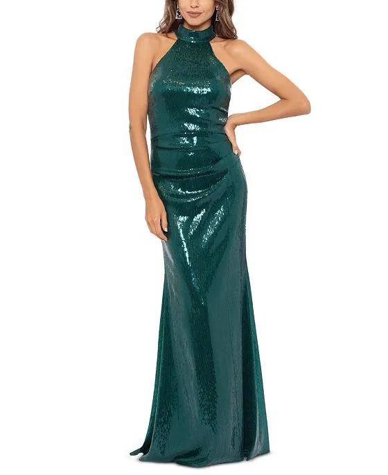 Women's Sequined Mock-Neck T-Back Gown
