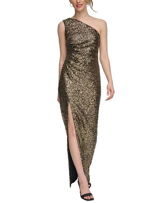 Women's Sequined One-Shoulder Front-Slit Gown
