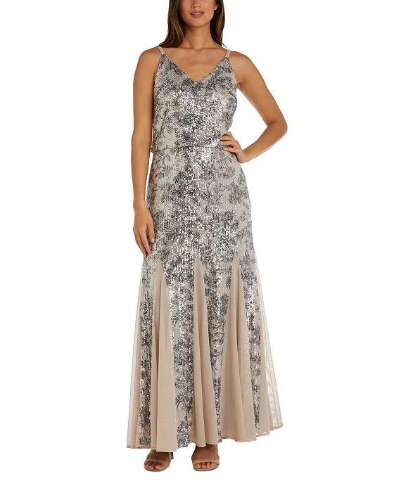 Women's Sequined Printed Blouson Gown