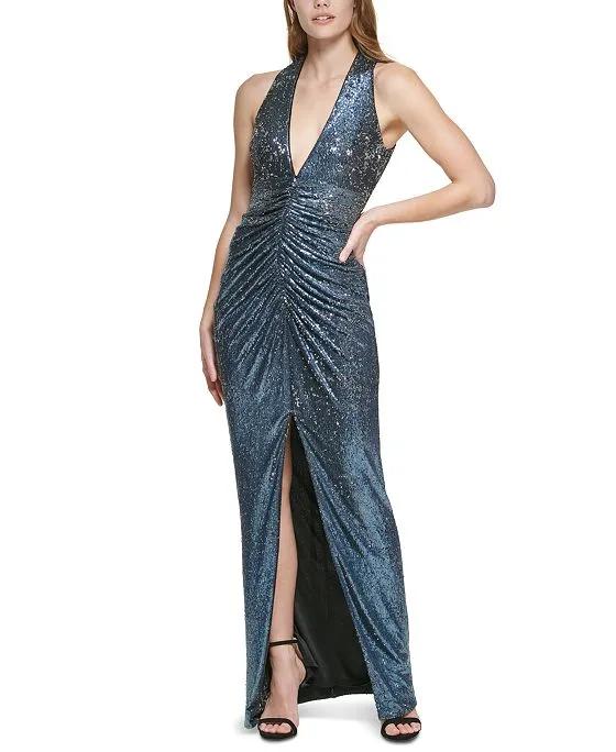 Women's Sequined Ruched Halter Gown