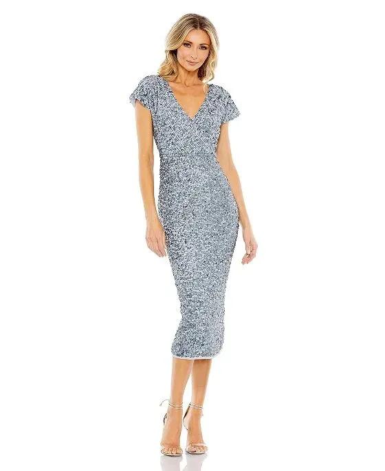 Women's Sequined Short Sleeve Wrap Over Cocktail Dress