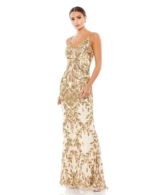 Women's Sequined Sleeveless Plunge Neck Trumpet Gown