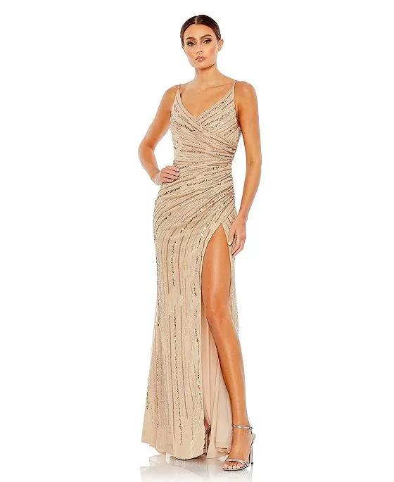Women's Sequined Spaghetti Strap Cowl Back Gown