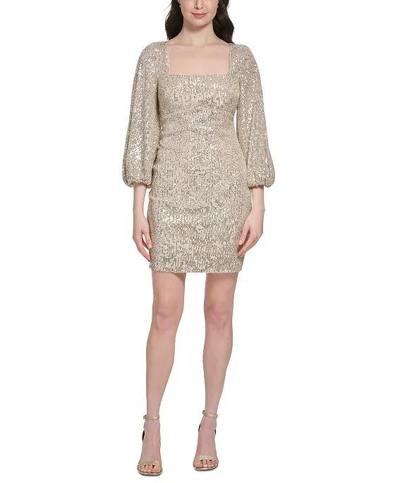 Women's Sequined Square-Neck 3/4-Sleeve Dress