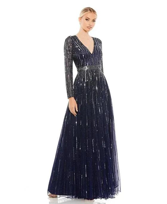 Women's Sequined V Neck Illusion Sleeve A Line Gown