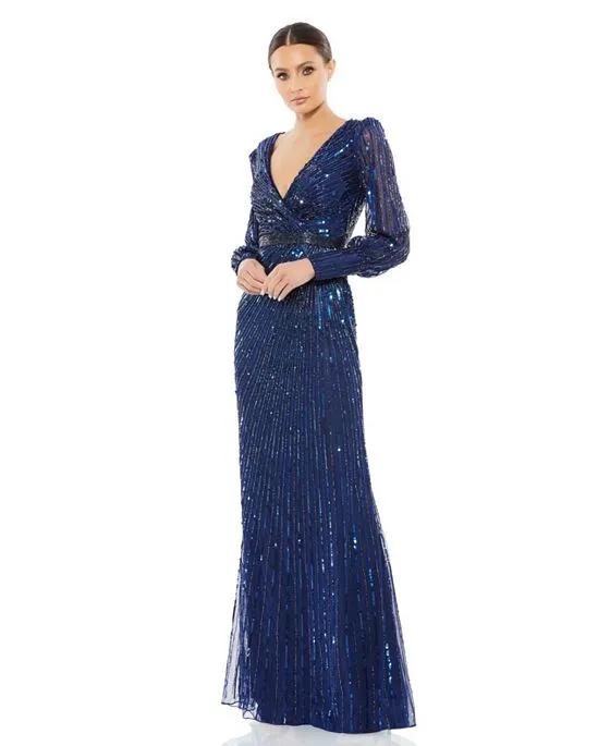 Women's Sequined Wrap Over Bishop Sleeve Gown