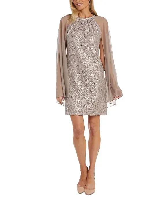 Women's Sequinned Lace Dress With Chiffon Cape 