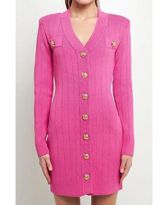Women's Shank Button V-neckline Knit Mini Dress