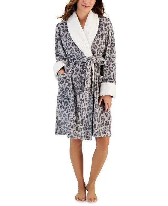 Women's Short Faux-Fur-Trim Animal Wrap Robe, Created for Macy's