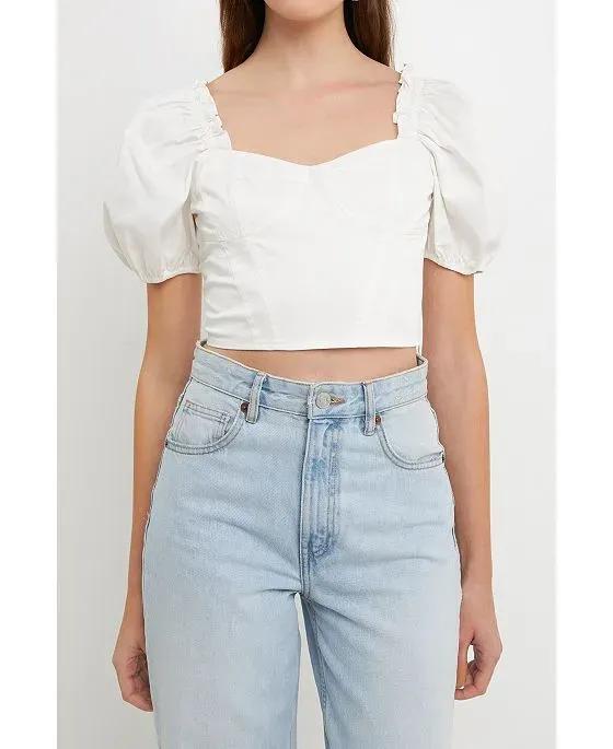 Women's Short Puff Sleeve Cropped Top