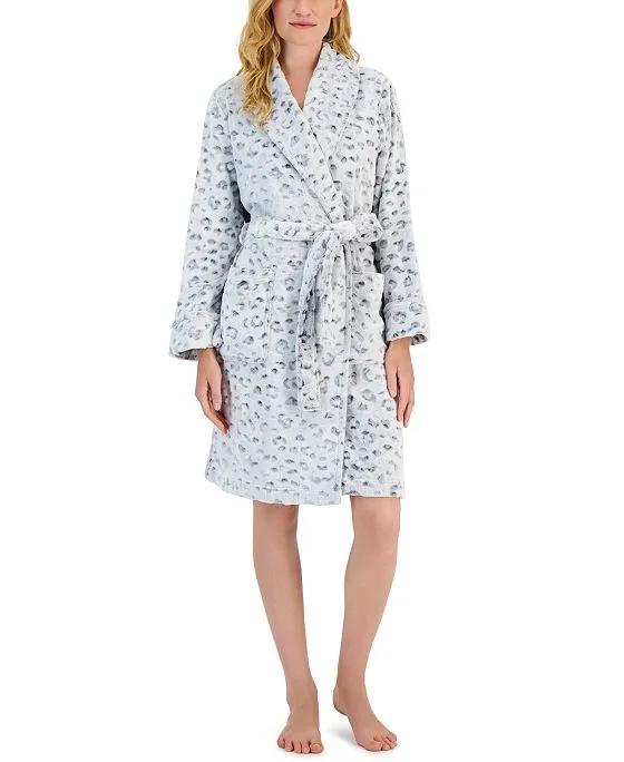 Women's Short Sculpted Leopard Plush Knit Robe, Created for Macy's